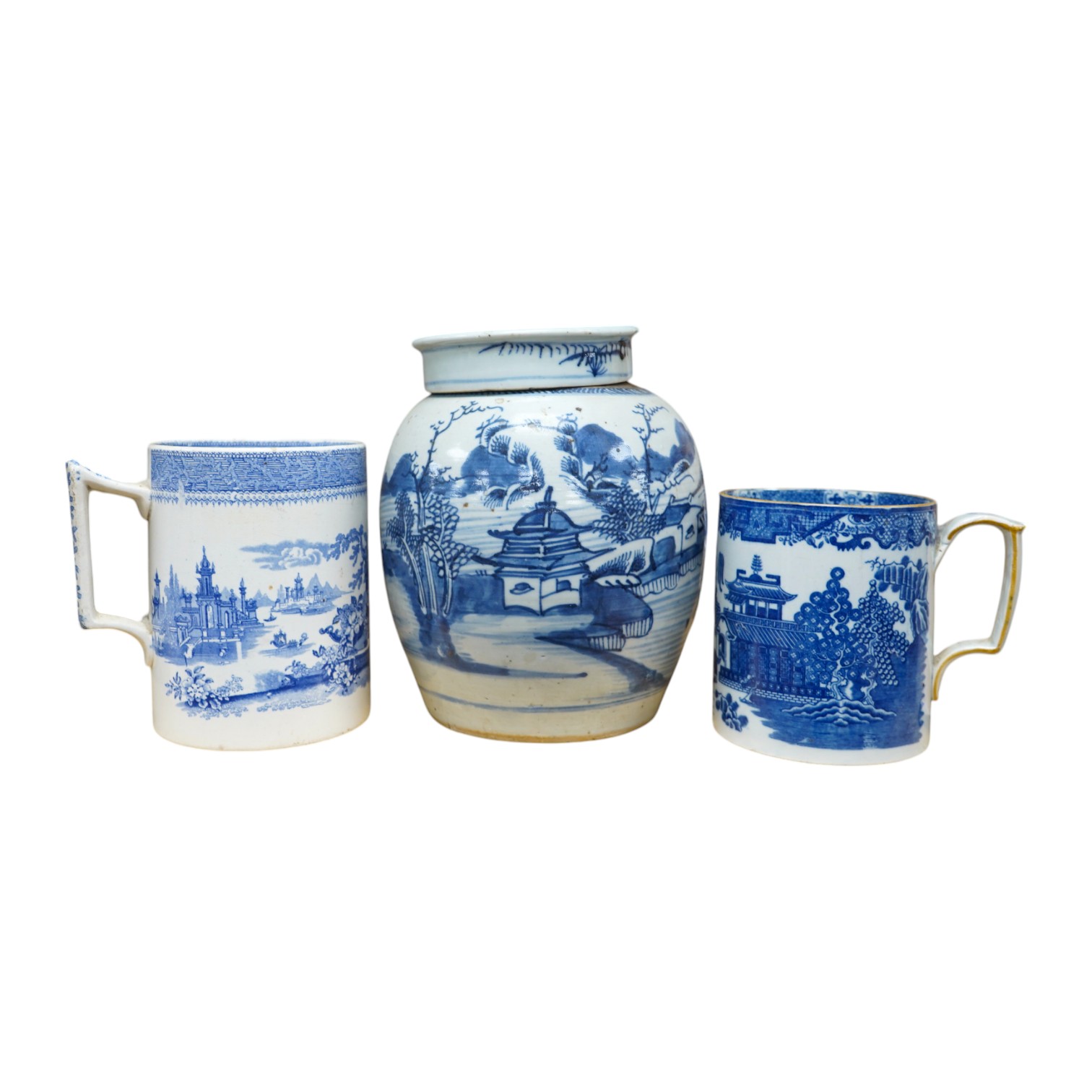 A 19th century Chinese blue and white ginger jar and cover and two pieces of Staffordshire blue-printed pottery, tallest 21cm. Condition - fair